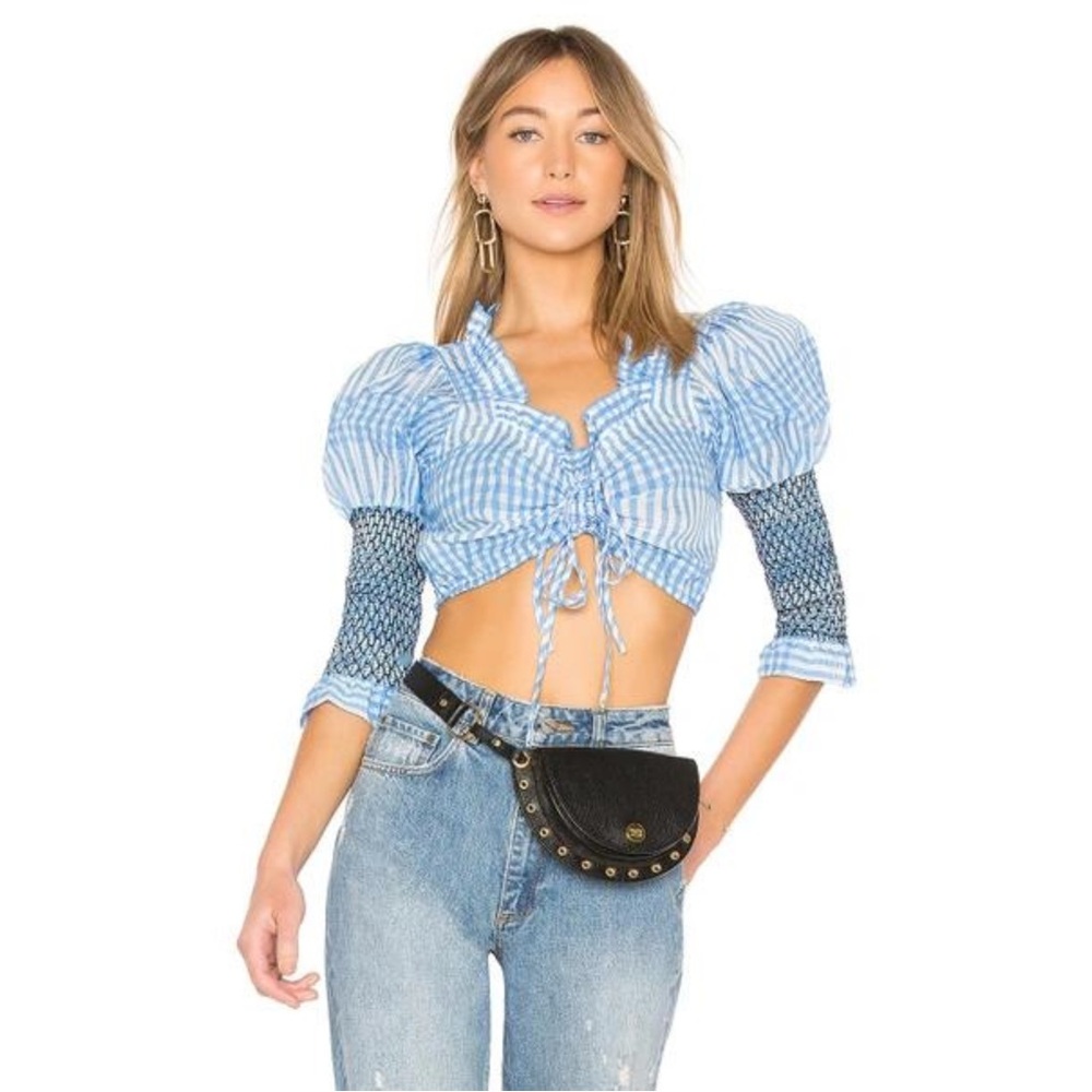 GANNI Blue Plaid Charron Crop Top blouse Drawstring Front Gingham Sz 36 Small